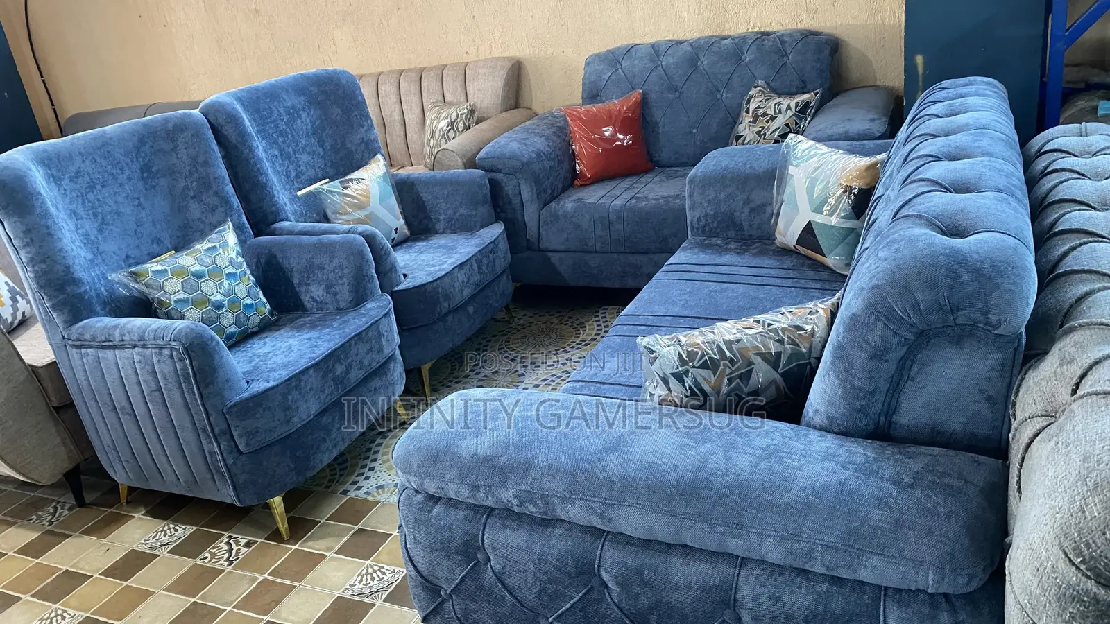 Brand New Chesterfield Sofa in Sky Blue Readily Available.