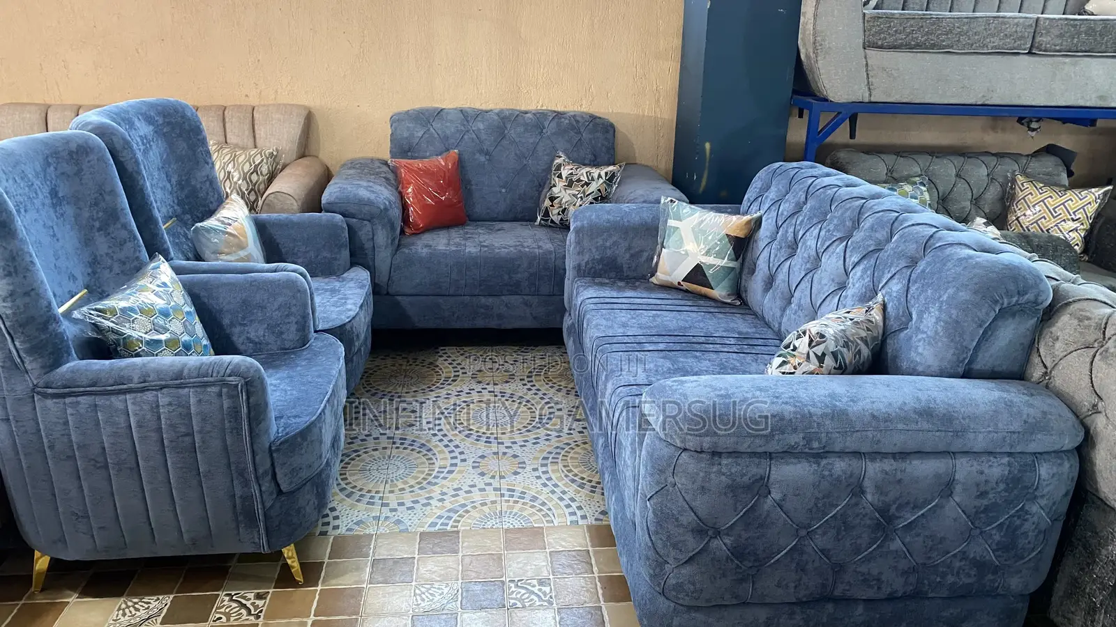 Brand New Chesterfield Sofa in Sky Blue Readily Available.