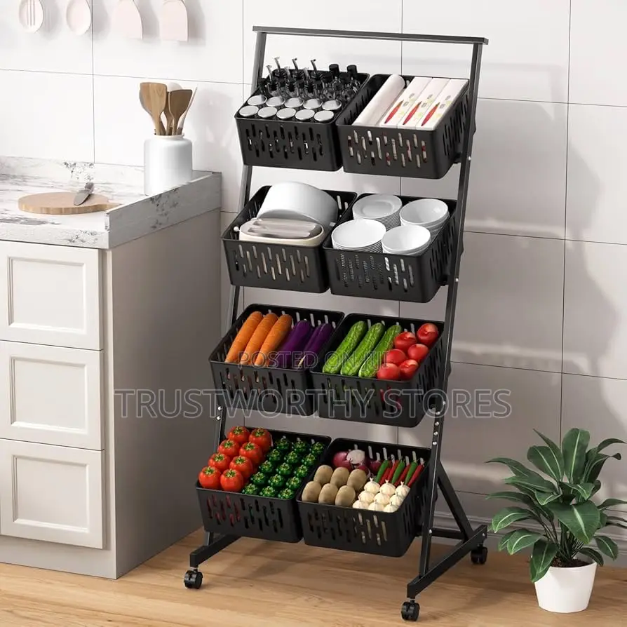Double Column 4-Tier Fruit Vegetable Storage Basket Rack