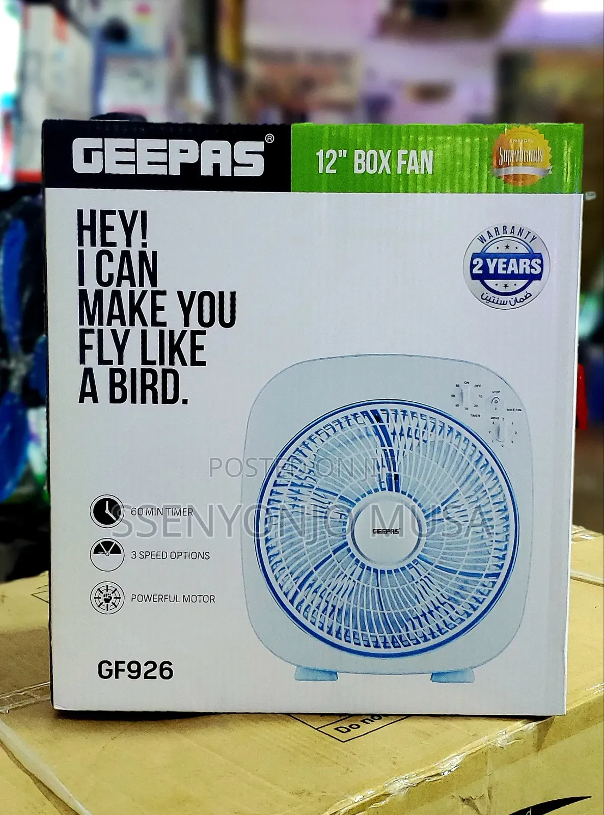 Geepas Box Fan Top Counter Gf926 12" With 3 Speed Control Timer