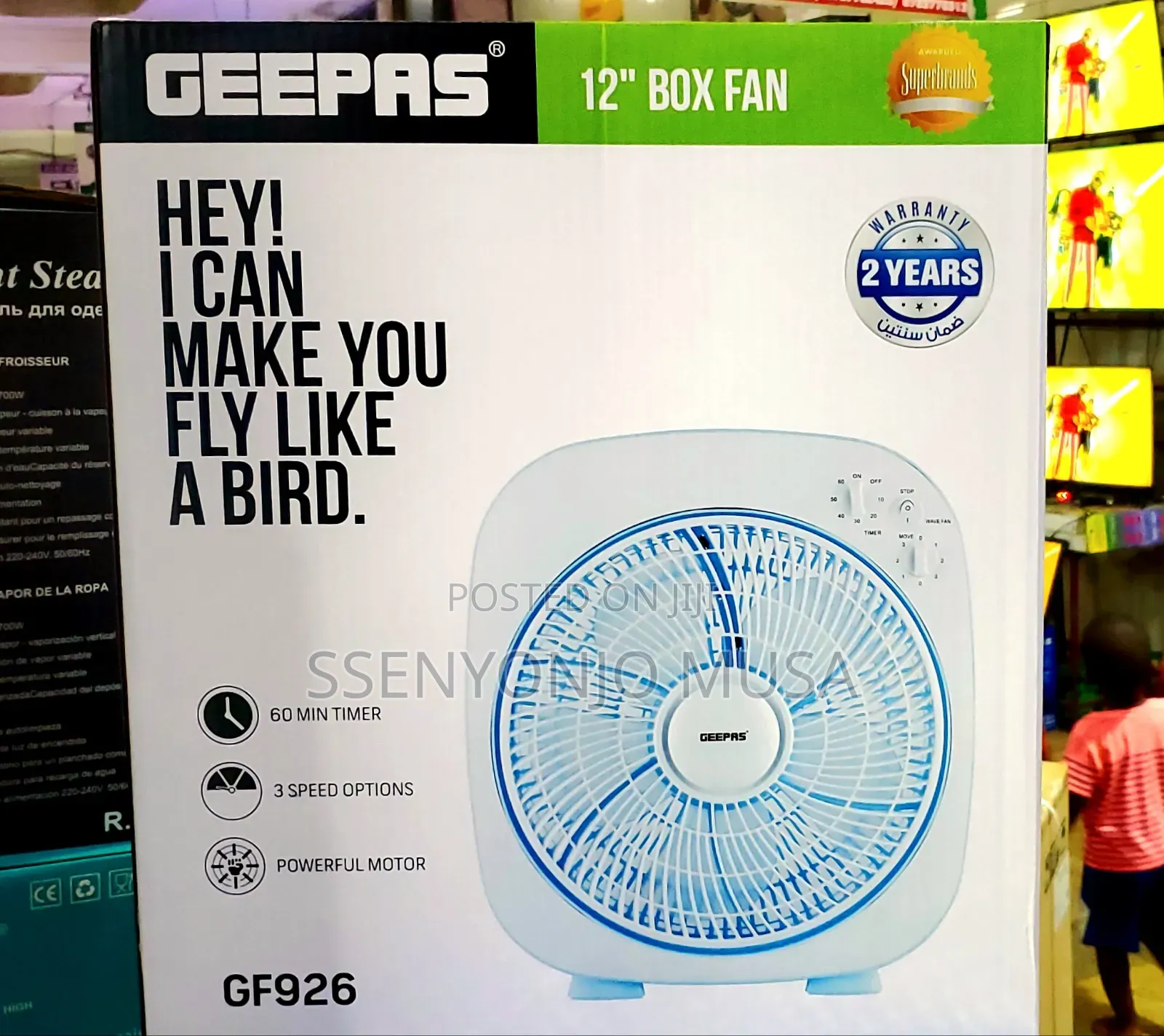 Geepas Box Fan Top Counter Gf926 12" With 3 Speed Control Timer