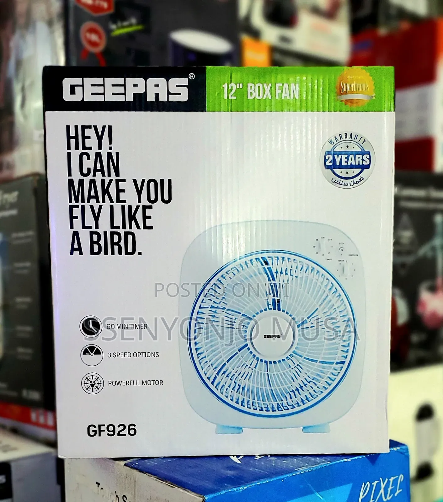 Geepas Box Fan Top Counter Gf926 12" With 3 Speed Control Timer