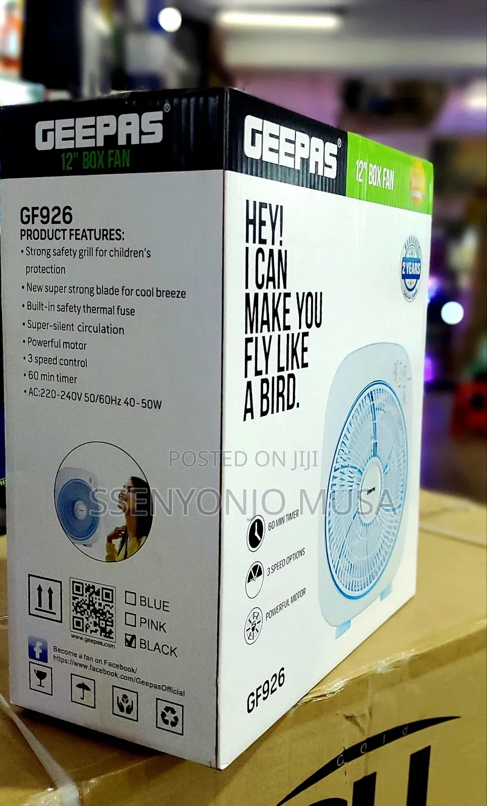 Geepas Box Fan Top Counter Gf926 12" With 3 Speed Control Timer