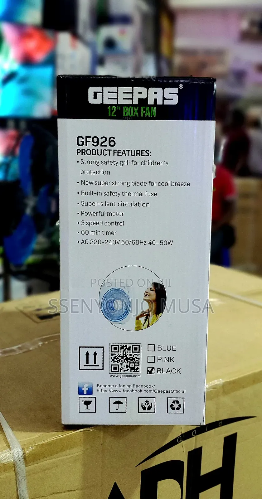 Geepas Box Fan Top Counter Gf926 12" With 3 Speed Control Timer