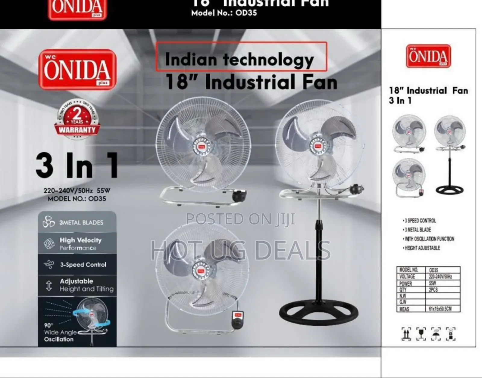 Onida Plus 3 in 1 18 Inch Industrial Fan - Silver Black
