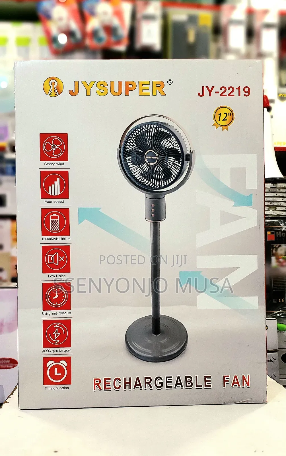 Jysuper 12" Rechargeable Fan - 12000mah Battery, 4-Speed