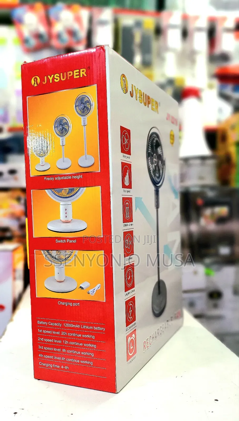 Jysuper 12" Rechargeable Fan - 12000mah Battery, 4-Speed