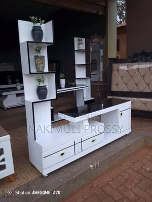 White Tv Stand With Black Lines Design