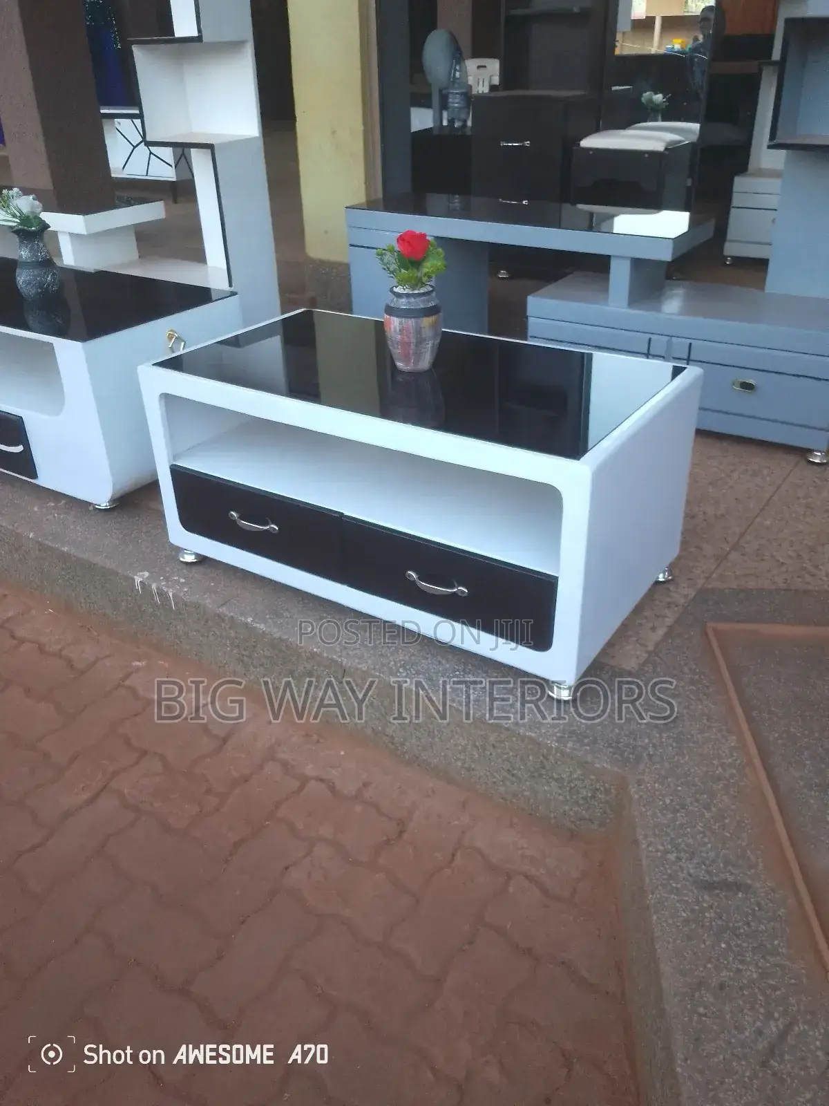 White Center Table With Black Glass and Black Drawers