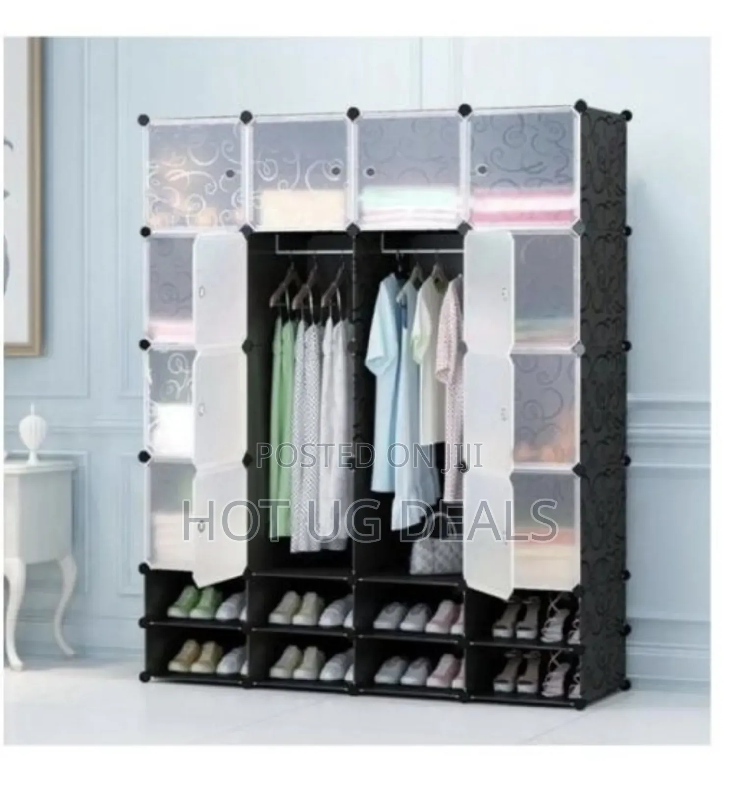 4 Column Plastic Frame Portable Wardrobe With Shoe Rack Row