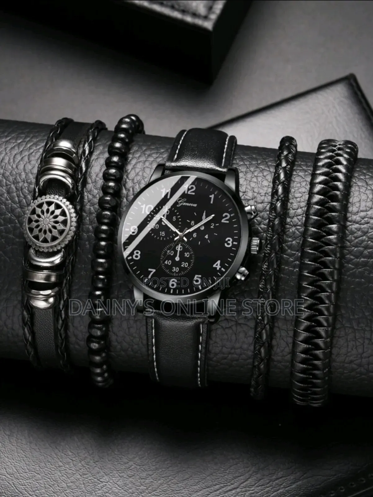 5pcs/Set Men Watch Men's Black Pu Leather Band Quartz Watch