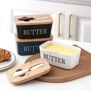 Ceramic Butter Dishes With Wooden Lids and Knives