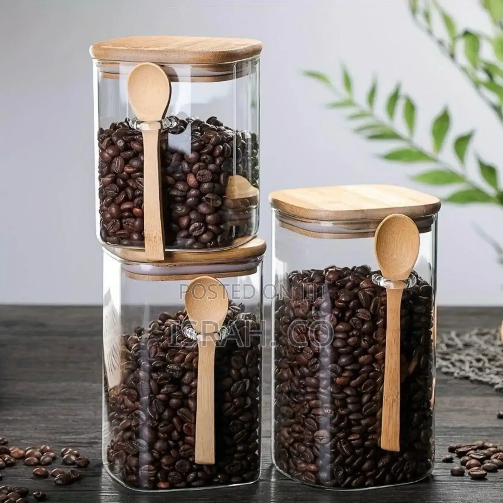 Kitchen Square Glass Jars With Wooden Lids and Spoons