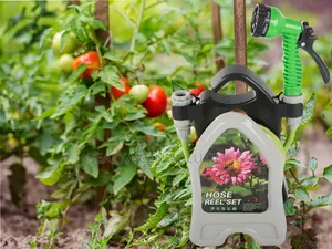 Garden Watering Hose Pipe on Stand With Coiled Spray Gun 10m