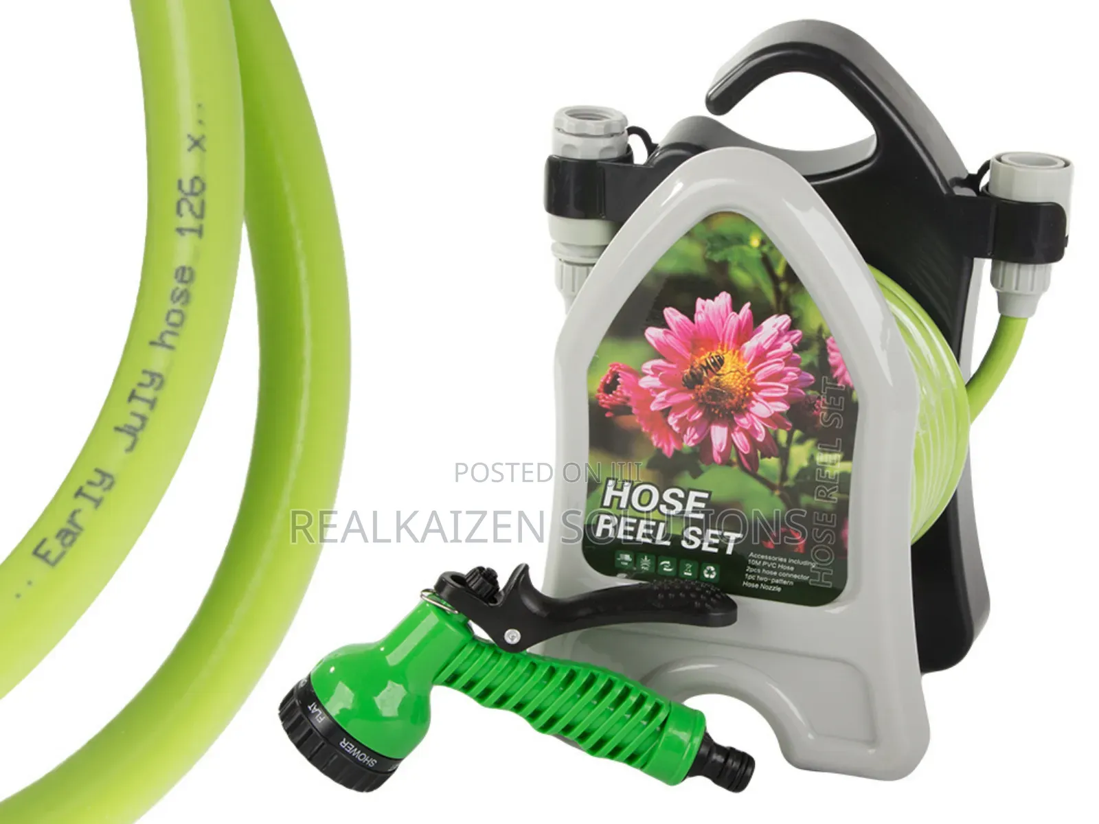 Garden Watering Hose Pipe on Stand With Coiled Spray Gun 10m