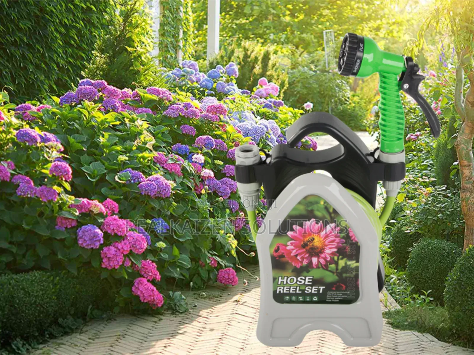 Garden Watering Hose Pipe on Stand With Coiled Spray Gun 10m