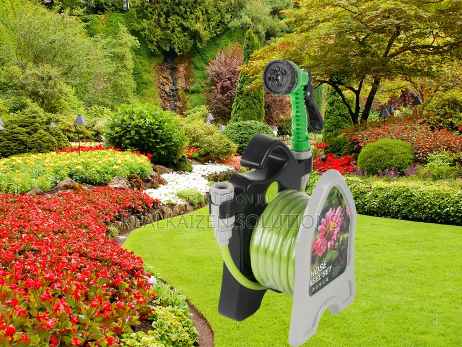 Garden Watering Hose Pipe on Stand With Coiled Spray Gun 10m