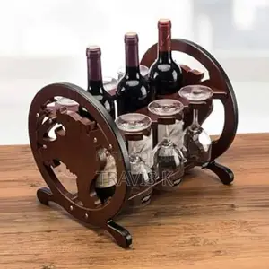 Wooden Wheel Design Wine Bottle and Glass Holder