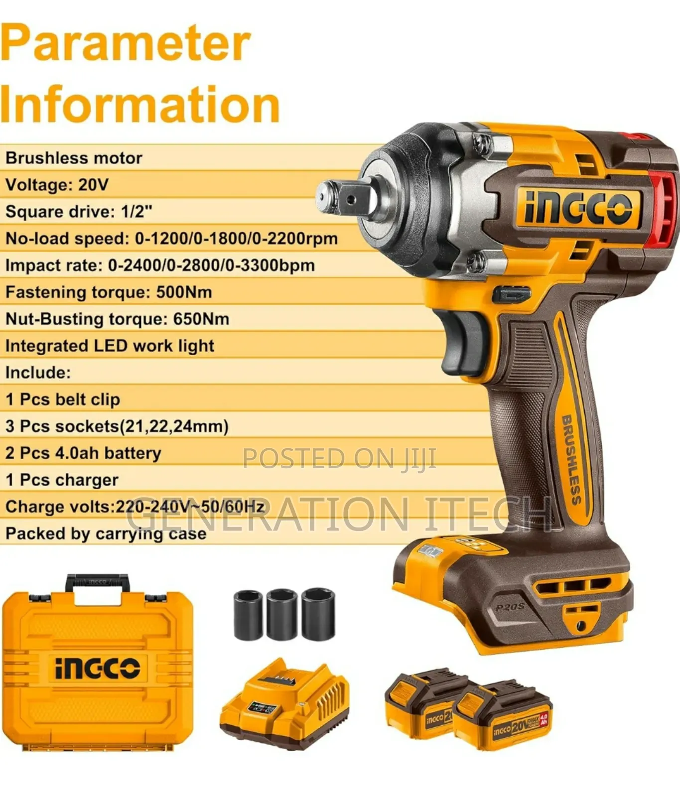 Ingco Brushless Impact Wrench 500nm
-Cordless- Rechargeable