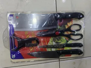 Set of Kitchen Knives and a Wooden Chopping Board-Black