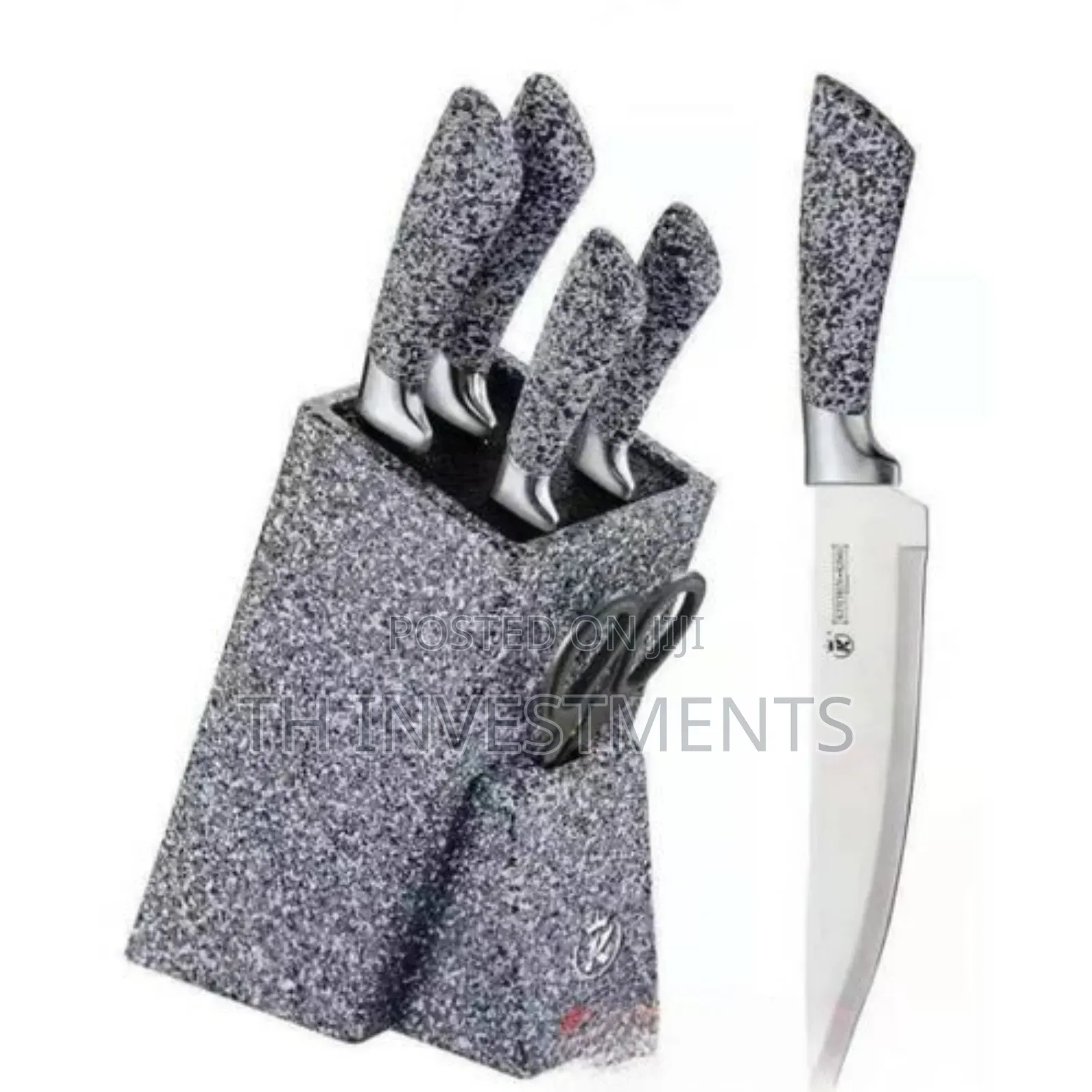 7 Piece Black Dotted Handle Knife Set in Wooden Stand 
