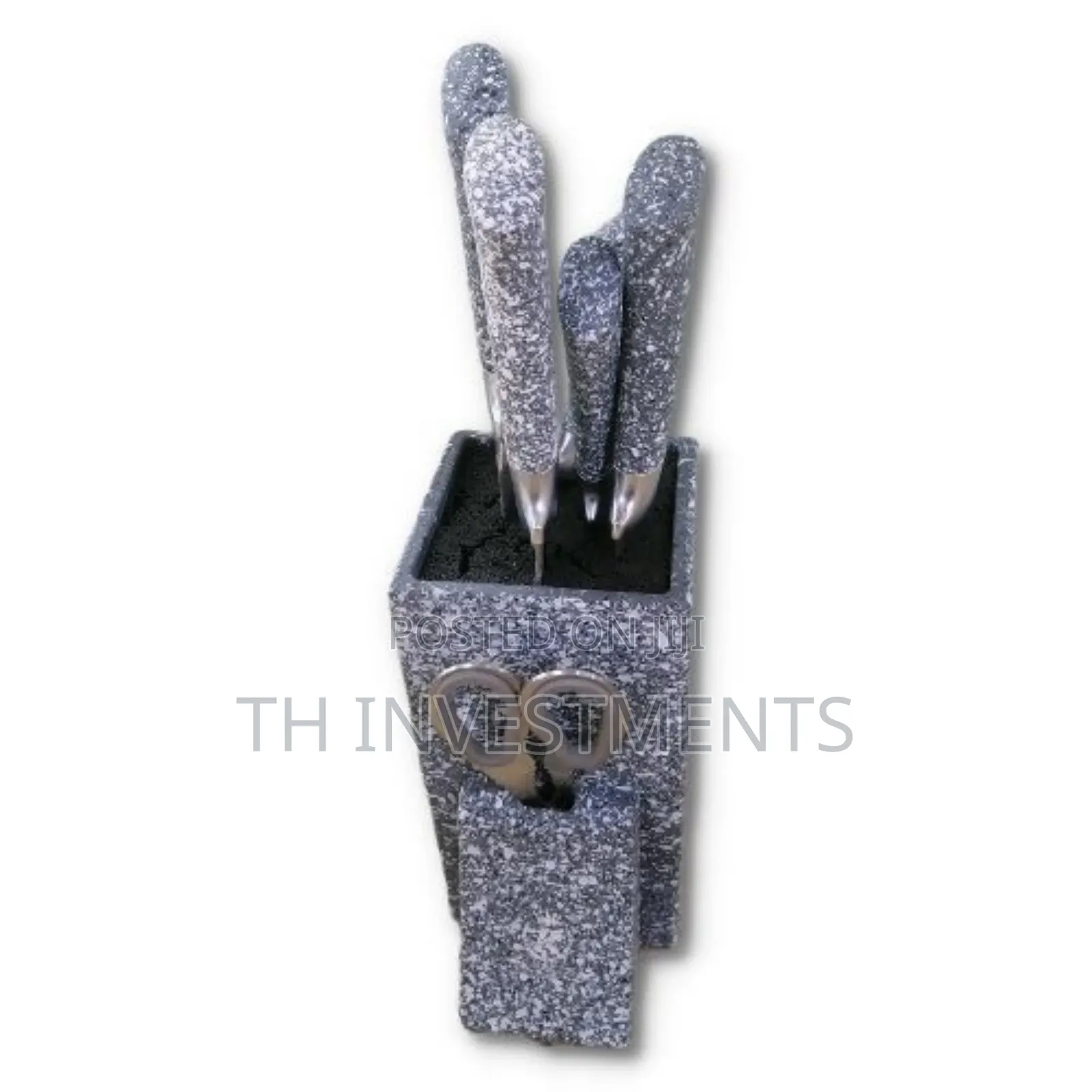7 Piece Black Dotted Handle Knife Set in Wooden Stand 