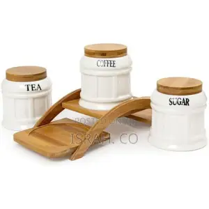 Ceramic Sugar 3 Canisters Set With Wooden Arc Stand Tray