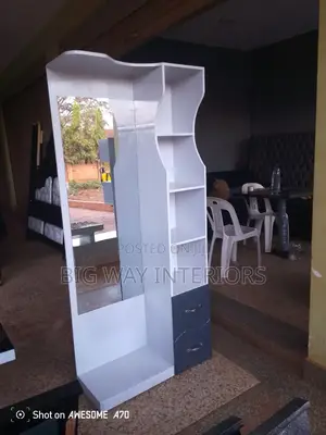 Classy White Dressing Mirror With Dark Gray Drawers