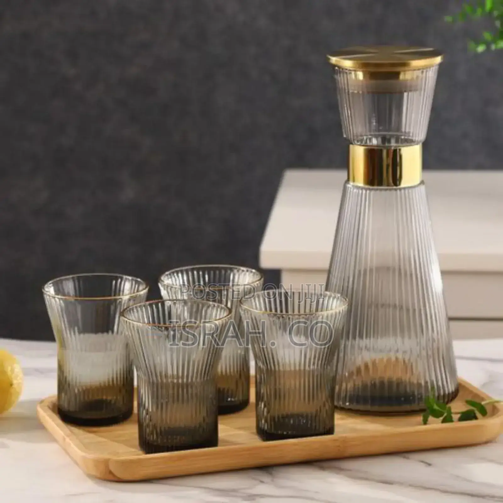 Ribbed Bedside Table Glass Water Carafe Set, 1 Crystal