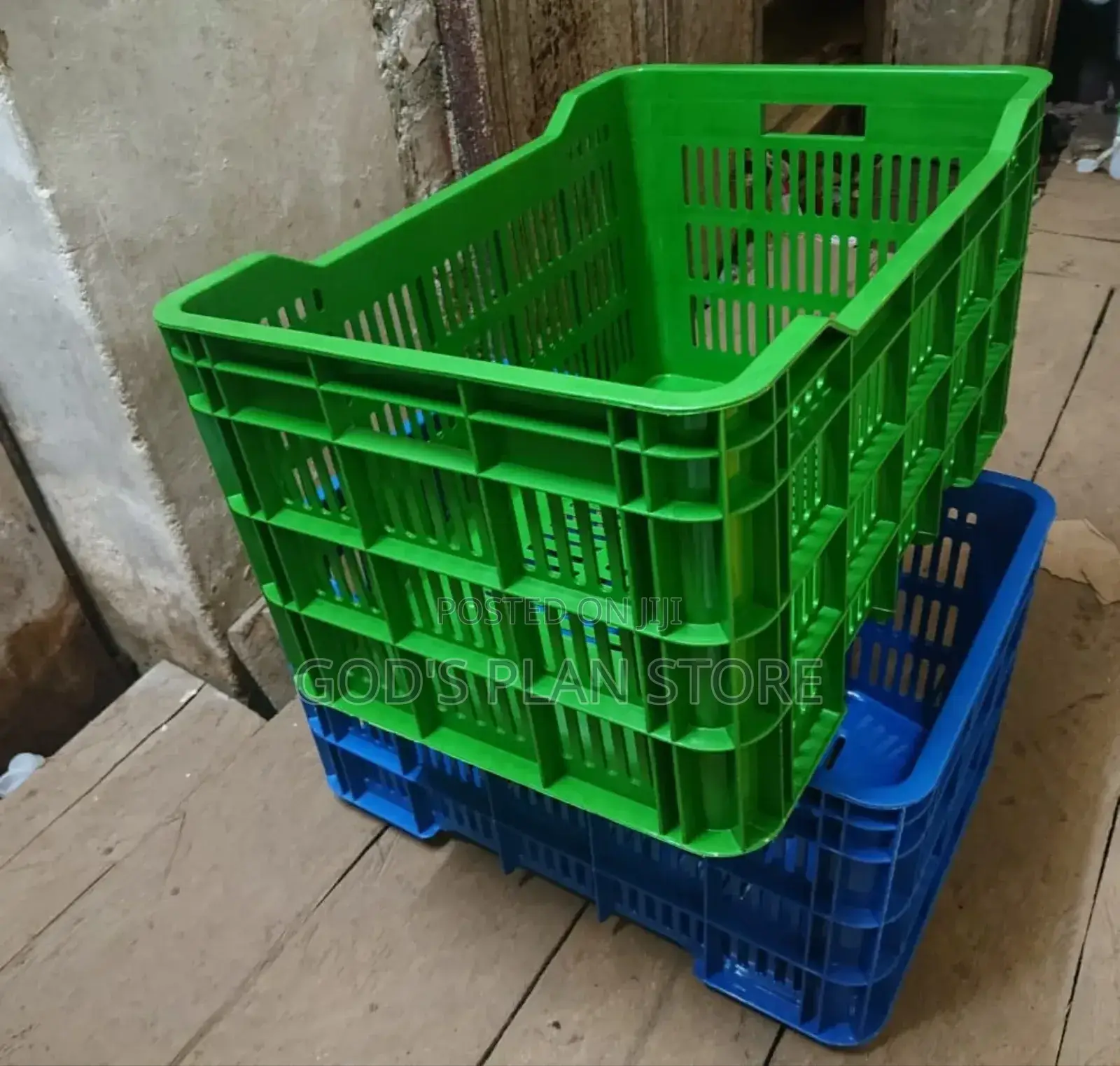 Green and Blue Plastic Crates