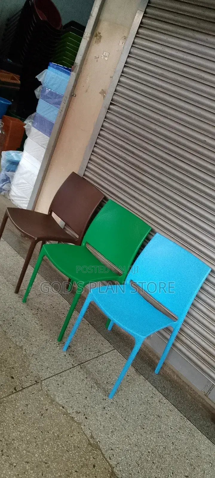 Green/Coffee Brown/Light Blue Plastic Chairs