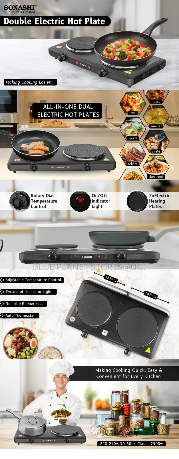 Sonashi Double Electric Hotplates \\ 2500w \\ SHP-613n.