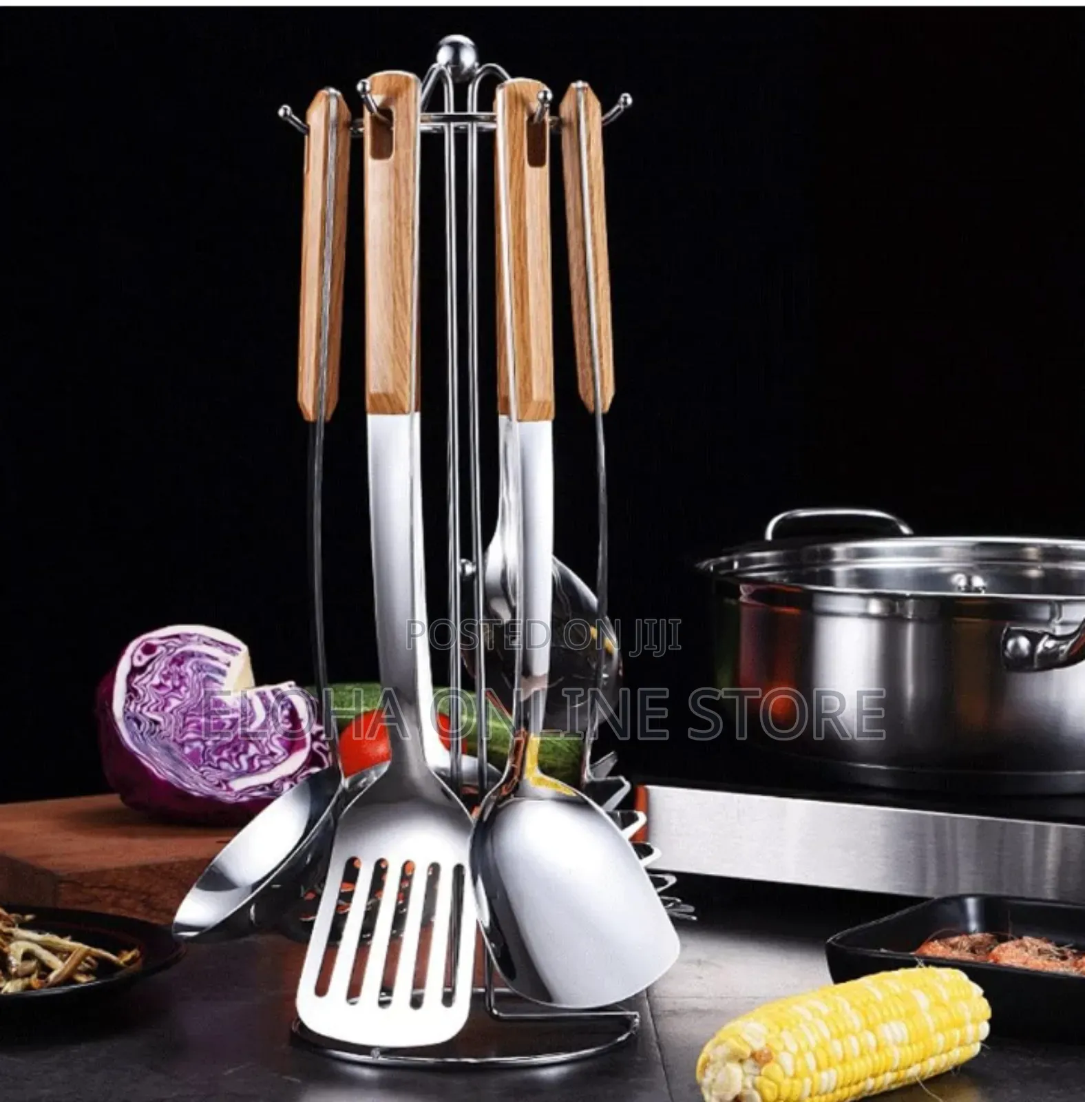 Stainless Steel Kitchen Utensils Set With Wooden Handles
