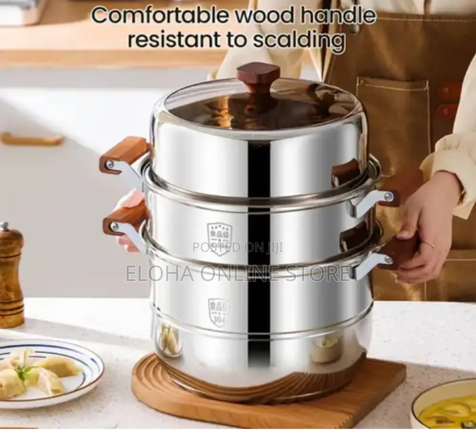 28cm Stainless Steel Food Steamer With Resistant Wood Handle