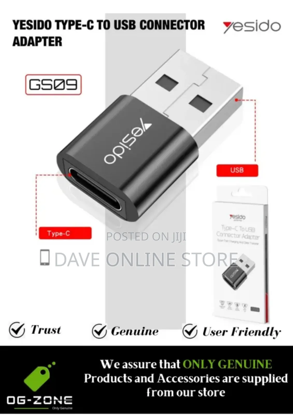 Yesido Gs09 Usb Male to Type C Female Adapter Otg Connector