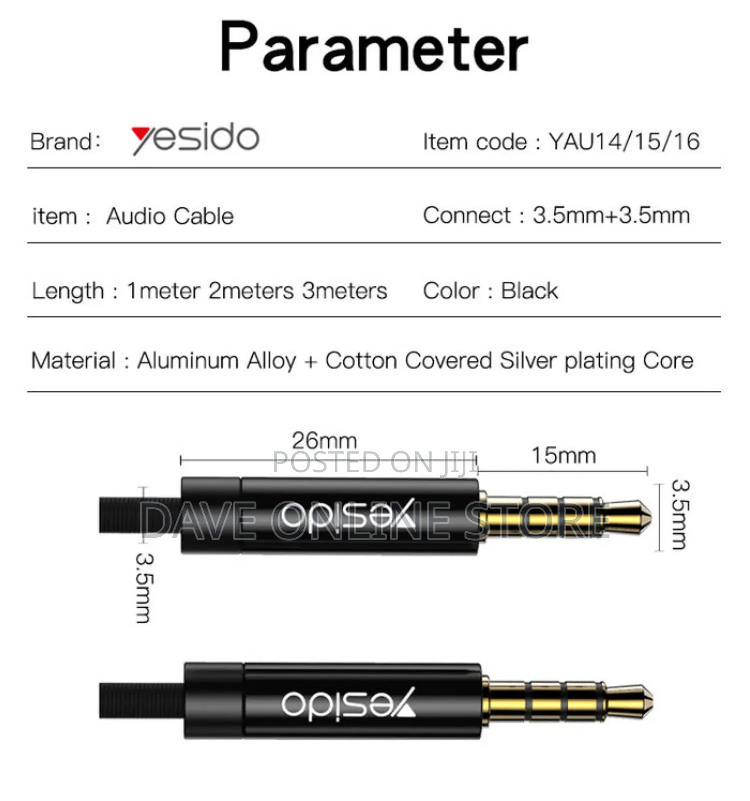 Yesido Audio Cable Aux 3.5mm Standard Length: 3m