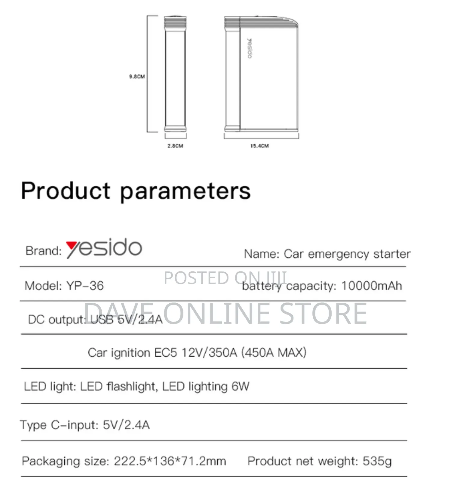 Yesido Aluminum Alloy Car Jump Starter10000mah Power Bank