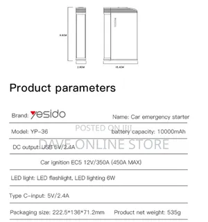 Yesido Aluminum Alloy Car Jump Starter10000mah Power Bank