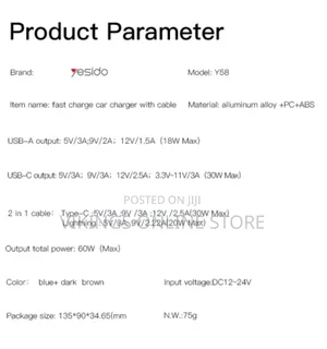 Y58 60w Fast Charging Car Type-C Port Charger