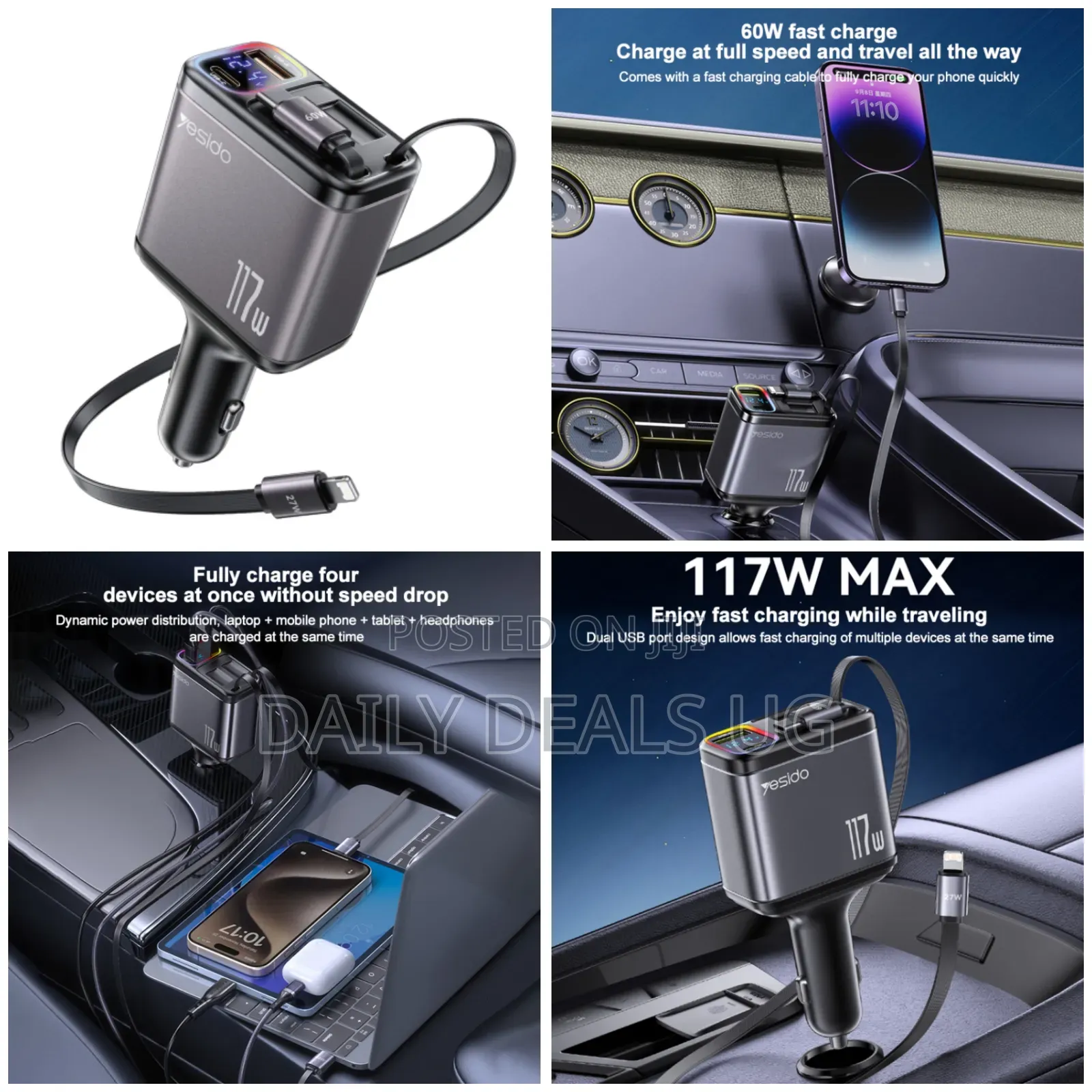 Y63 Yesido 117w Ledtc Ports Fast Charging Car Charger