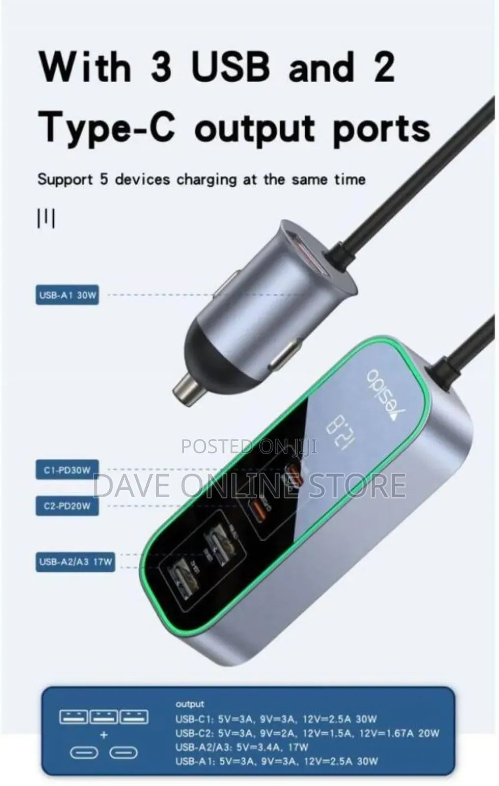 Quick Car Charger, 97 Watt, 1.5 Meter, Yesido Y53