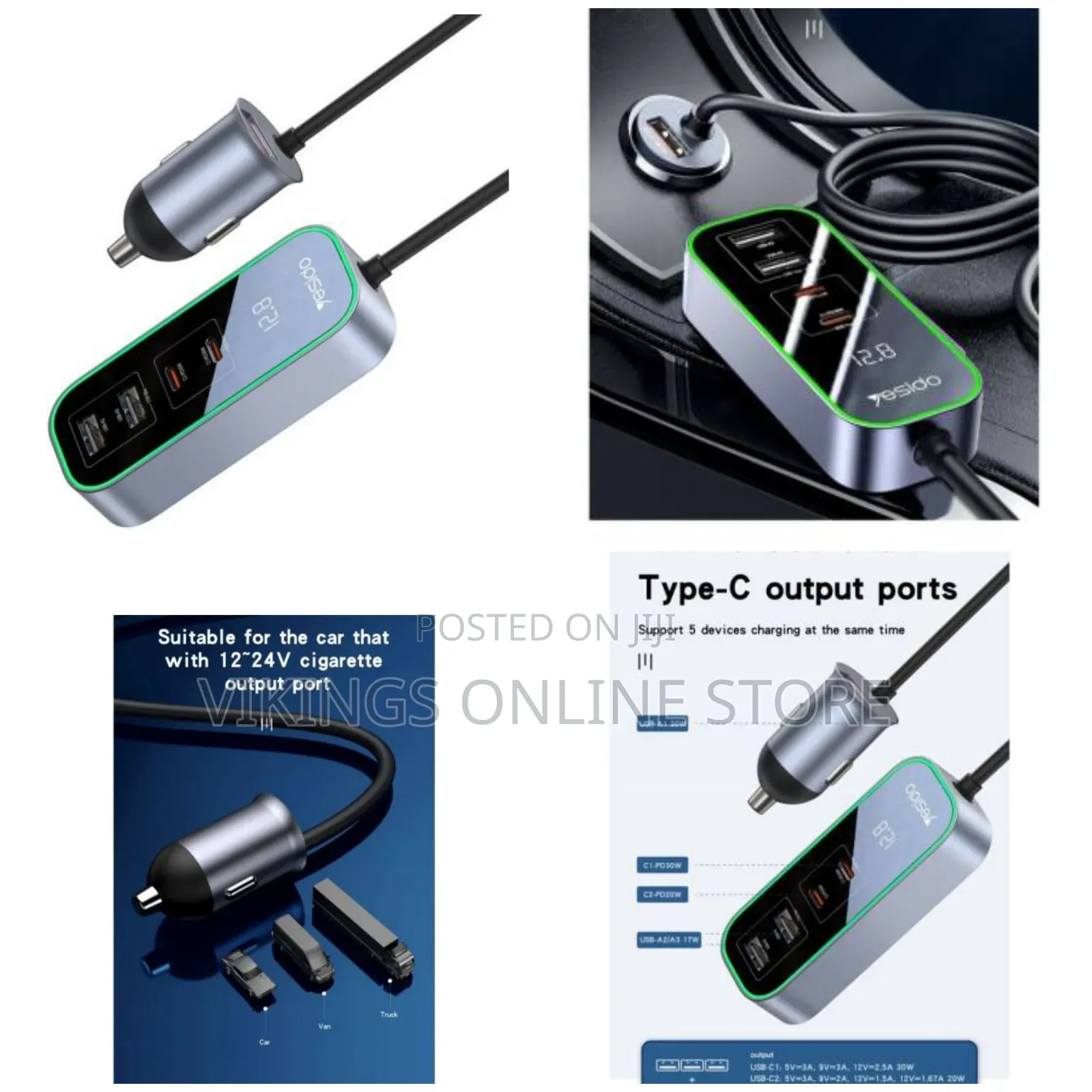 Yesido Y53 5 Ports 97w Extended Car Charger, 3x Usb Port