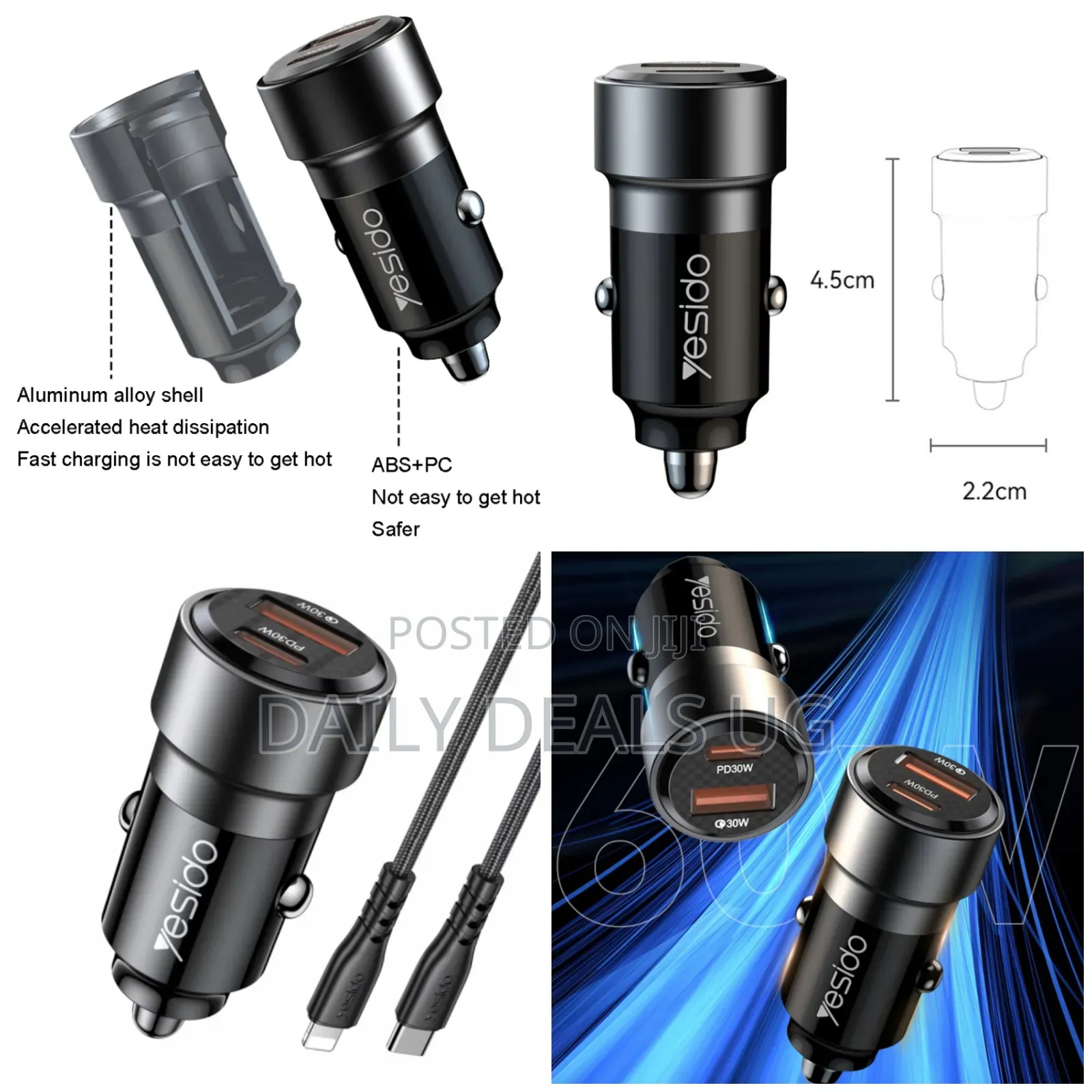 Yesido Y54 With 8 Pin to Type-C/Usb-C Line Car Charger(Black