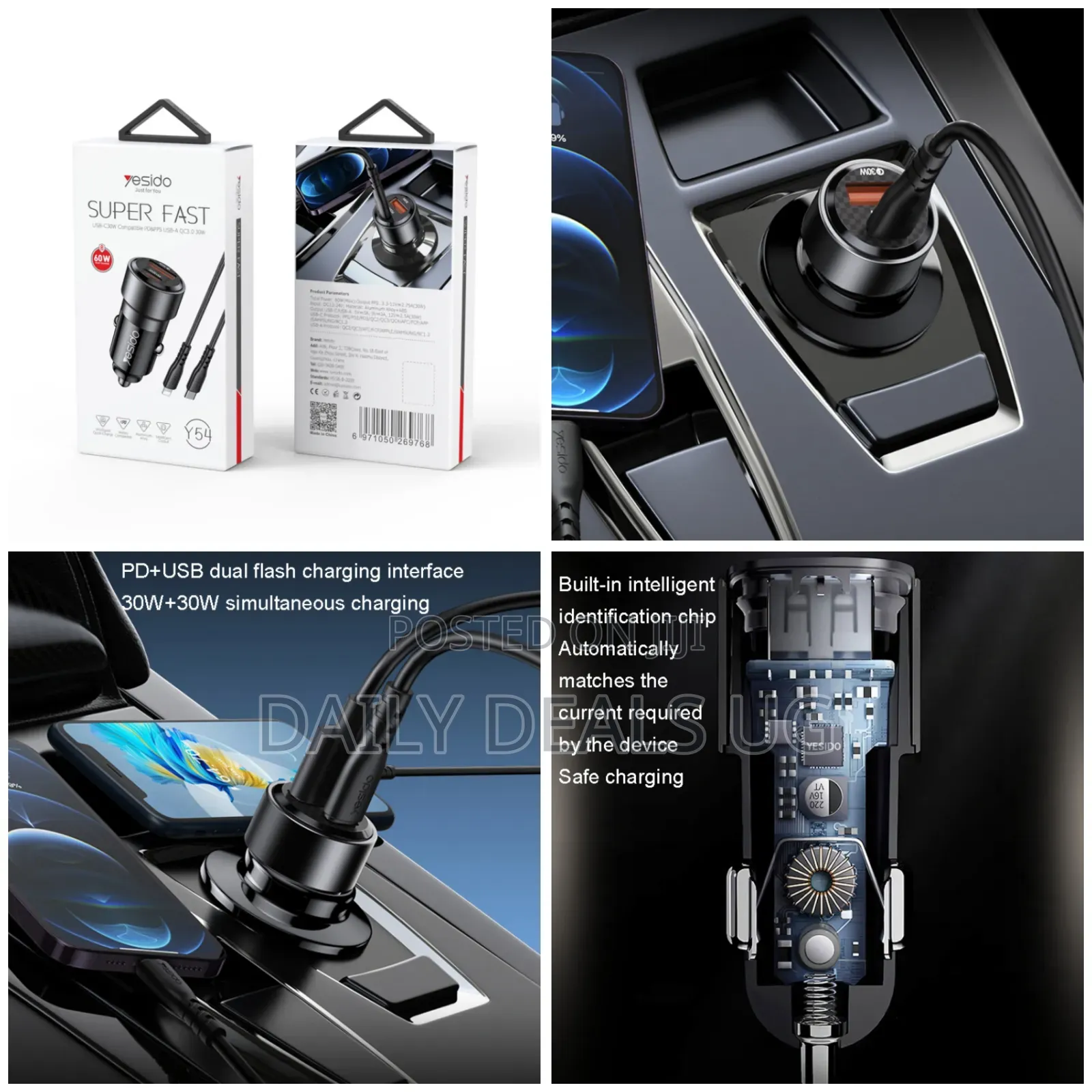Yesido Y54 With 8 Pin to Type-C/Usb-C Line Car Charger(Black