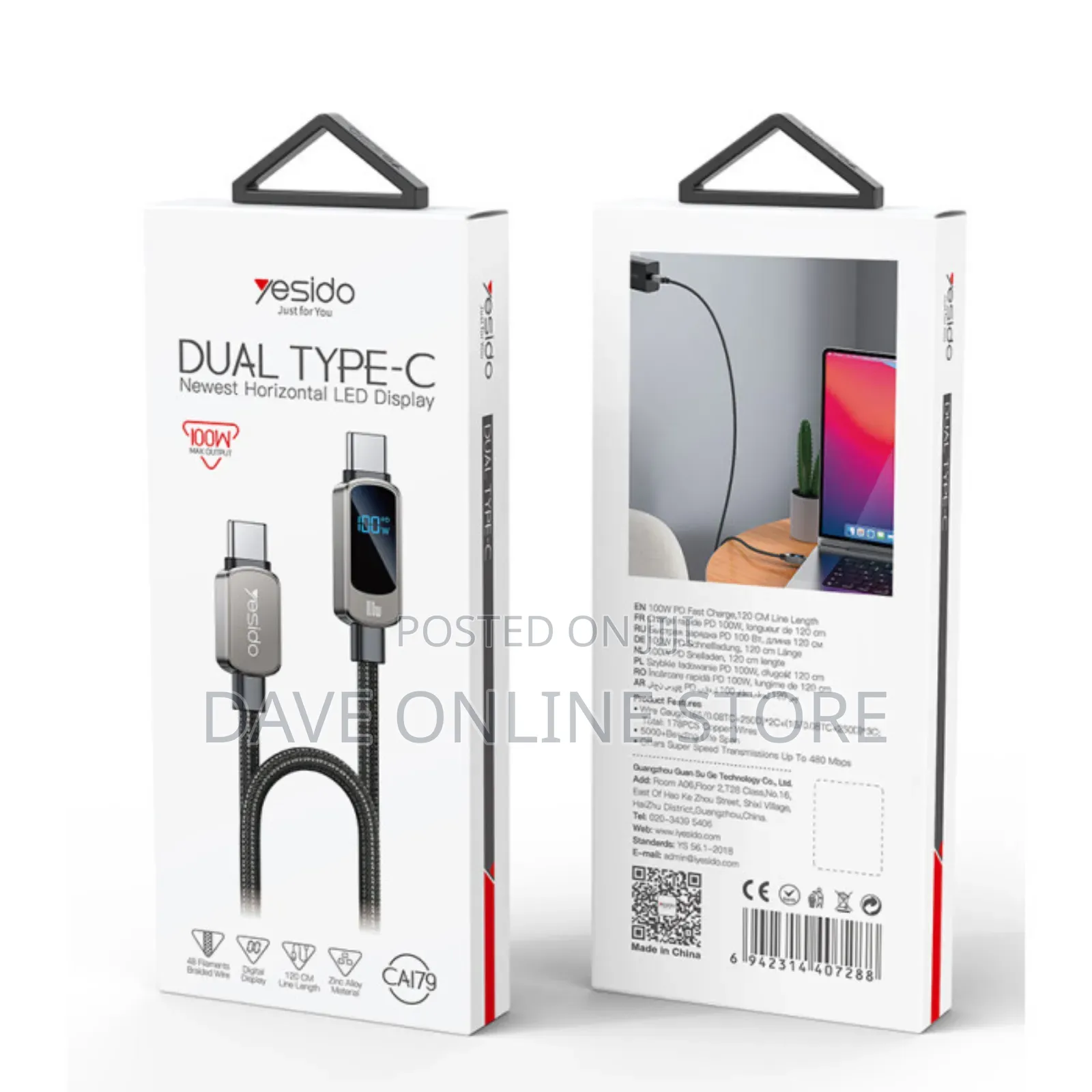 Ca179 1.2 Meters Type-C to Type-C Pd 100w Fast Data Cable