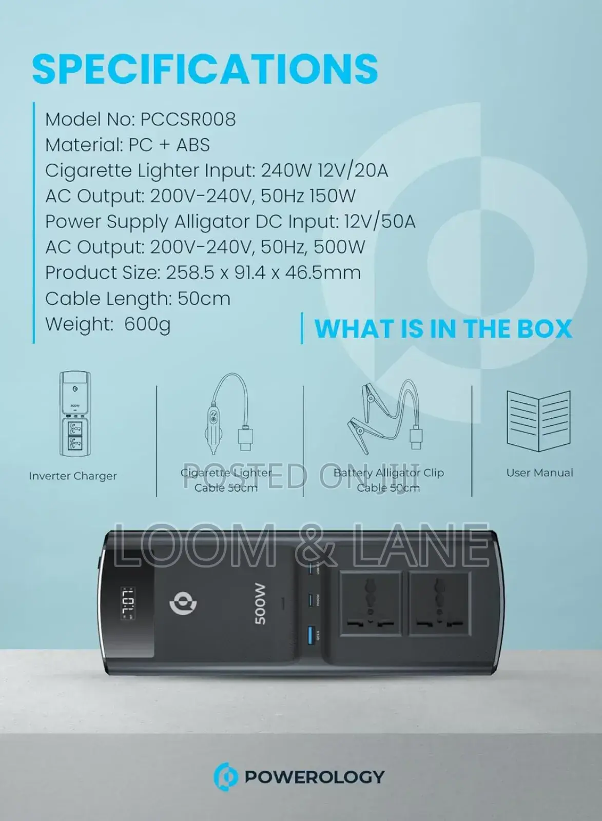 Powerology 500w Universal Multi-Port Car Inverter