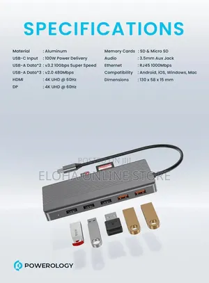 Powerology 13in1 Usb-C Hub Hdmi Type-C 100w Pd Ethernet