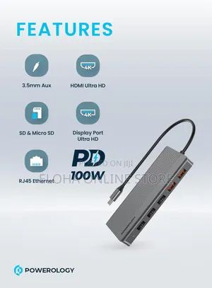 Powerology 13in1 Usb-C Hub Hdmi Type-C 100w Pd Ethernet