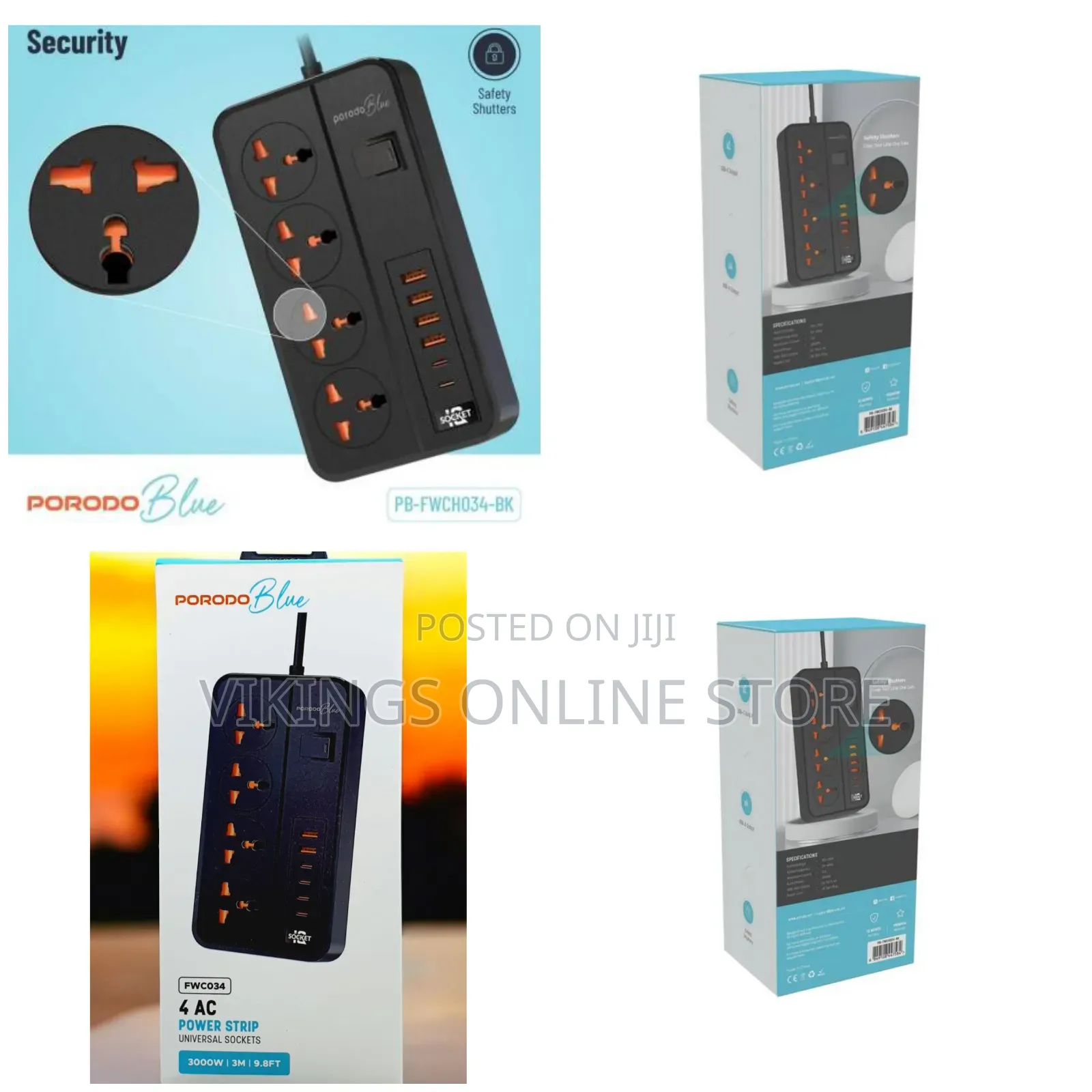Porodo Blue 4 Ac Power Strip Universal Socket 3m 3000w