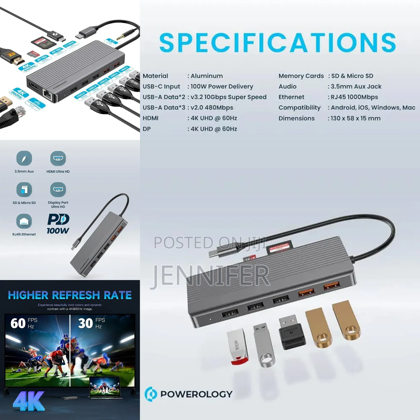 Powerology 13in1 Usb-C Hub Hdmi Type-C 100w Pd